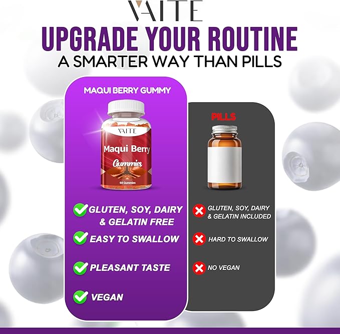 VAITE Maqui Berry Gummies 500mg – Antioxidant-Rich Vegan Supplement, Plant-Based Superfood Chewables for Daily Balance, 60 Easy to Take Servings, Non-GMO, Gluten & Soy Free, for Men & Women