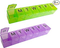 2 Pack Weekly (7-Day) Pill Organizer, 7 Days Pill Case Travel Daily Pill Box Portable Medicine Organizer and Planner with Compartment for Vitamins, Fish Oil, Supplements and Medication (Green&Purple)