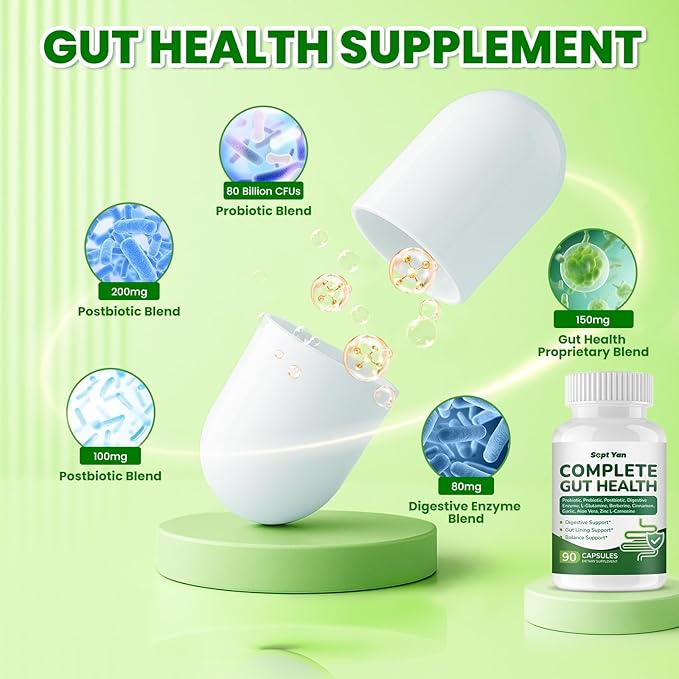 Gut Health Supplement with Prebiotics, Postbiotics & Probiotics for Digestive Health for Women & Men, 80 Billion CFU Probiotics for Gut and Digestion, Immune Support, 90 Capsules