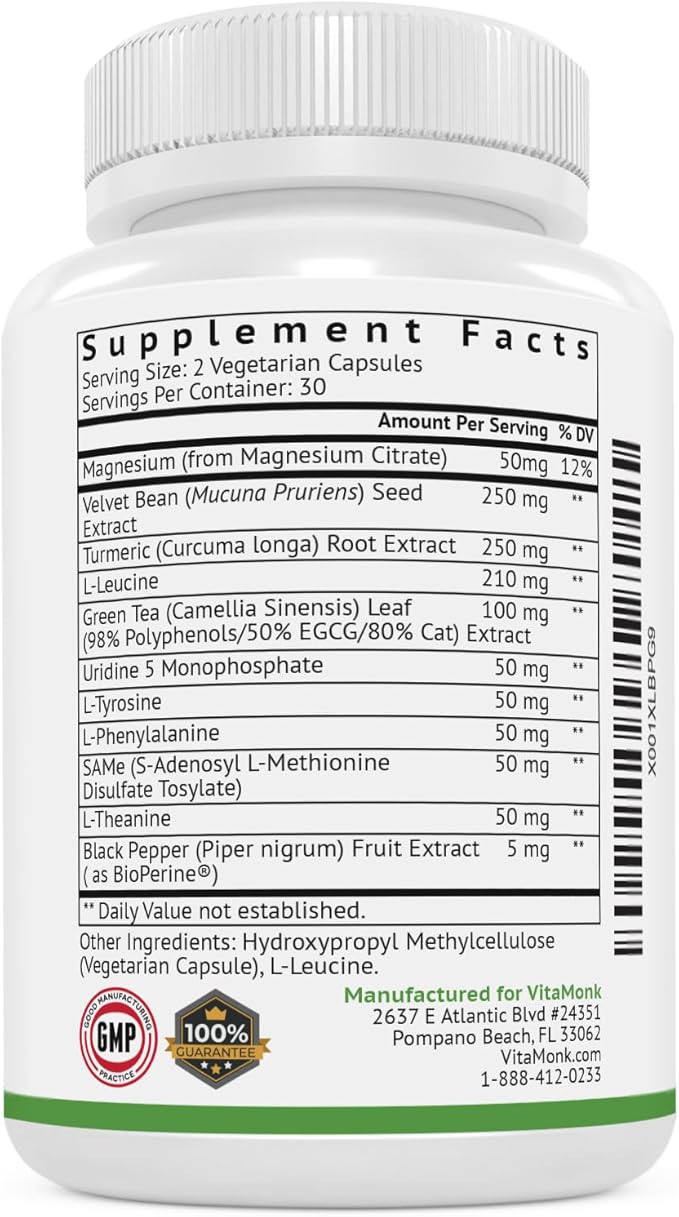 VitaMonk Dopify Dopamine Supplement Dopamine Booster with Uridine Monophosphate, Mucuna Pruriens, L-Theanine, Tyrosine and More - No Artificial Fillers, Just Brain Food - 60 Capsules