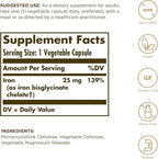 Solgar Gentle Iron (Iron Bisglycinate) 25 mg - 180 Vegetable Capsules - Non-Constipating, Gentle on Your Stomach - Non-GMO, Gluten Free - 180 Servings