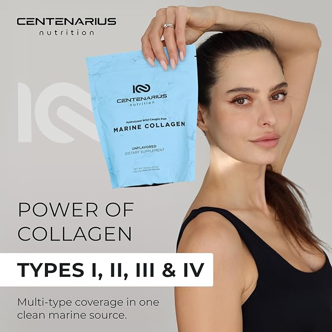 Hydrolyzed Marine Collagen Peptides Powder Unflavored 300g | Type I–IV from Wild-Caught White Fish, Essential Amino Acids for Skin, Hair, Nails, Bone & Joint Support – Non-GMO | Centenarius Nutrition