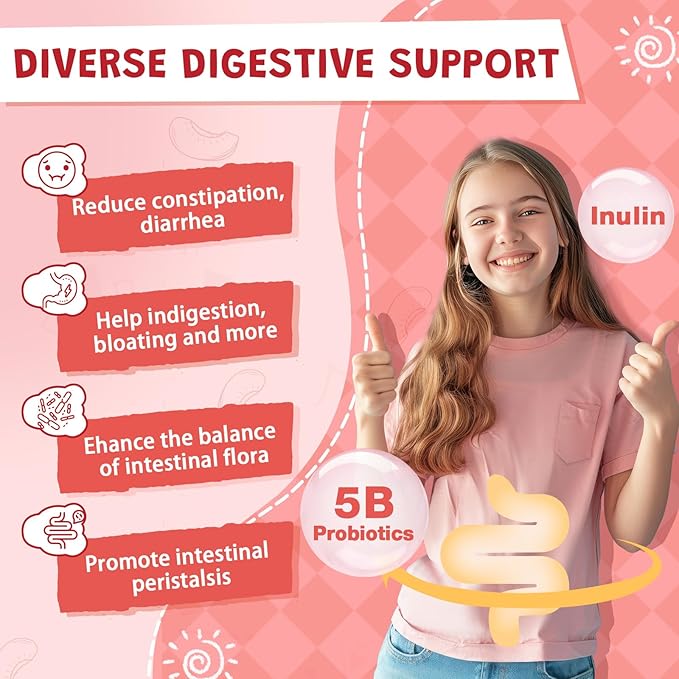 Kids Probiotic-Fiber Gummies, Probiotics-Fiber Gummies for Kids with 5 Billion CFUs & Prebiotics for Digestive Health, with Vitamin C and Zinc for Immune Support, 45 Servings, Natural Peach Flavor