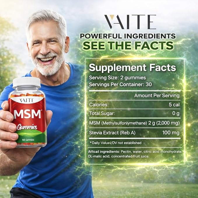 VAITE MSM Supplements for Men & Women 2000mg - Joint Support, Hair, Skin & Nails, Sulfur Supplement - Vegan, Non-GMO, Gluten-Free - Skip Hard-to-Swallow Capsules & Powder - Easy to Take 60 Gummies