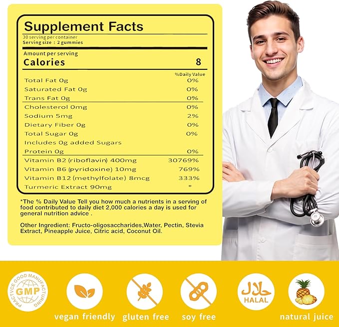 Vitamin B2 Gummies Riboflavin 400mg for Men Chewable B2 Vitamins for Adults with B Complex Turmeric Extract for Digestive Comfort,Nervous System Support, Vegan, Sugar-Free, Pineapple Flavor,60 Count