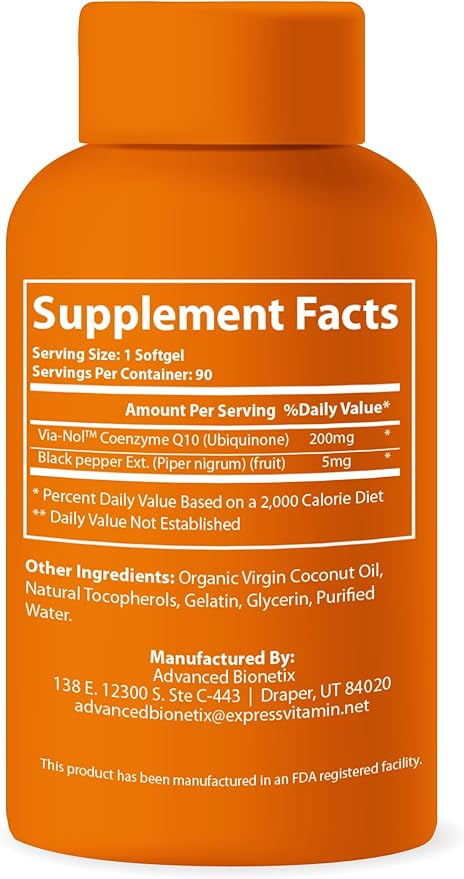 Advanced Bionetix Advanced Absorption 200mg CoQ10 w/Black Pepper Extract. 90 Softgels. Antioxidant Supplement, Heart & Vascular Health, Brain Health, Organic, Gluten Free, Energy Production