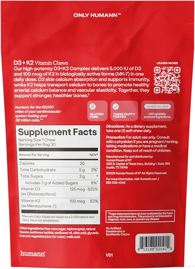 Humann Vitamin D3 + K2 Chews - High Potency Vitamin D 5000iu (125mcg) Helps Support Healthy Mood, Immunity, Cardiovascular, Respiratory Health & Bone Health, Mixed Berry Flavor, 30 Count