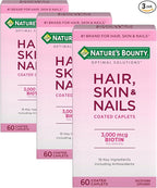 Nature's Bounty Optimal Solutions Hair, Skin & Nails Formula, with 3,000 mcg Biotin, 60 Count (Pack of 3)
