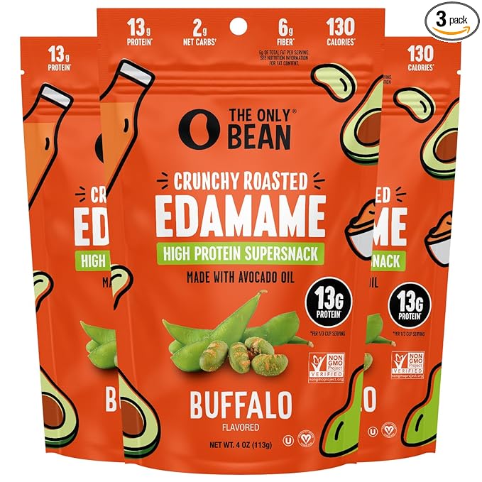 The Only Bean - Crunchy Roasted Edamame Beans (Buffalo), Keto Snacks, Healthy Snacks For Adults and Kids, Low Carb High Protein Snacks, Gluten Free Snack, Vegan Keto Food - 4 oz (3 Pack)