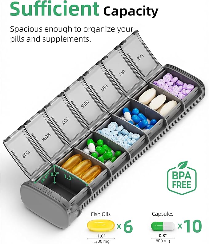 PULIV Metal Weekly Pill Organizer with Sturdy & Sleek Aluminum Alloy Case, Pill Case with Triple Protection Against Spilling, Compact Travel Pill Box 7 Day for Vitamins, Fish Oils, Supplements, Gray