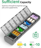 PULIV Metal Weekly Pill Organizer with Sturdy & Sleek Aluminum Alloy Case, Pill Case with Triple Protection Against Spilling, Compact Travel Pill Box 7 Day for Vitamins, Fish Oils, Supplements, Gray