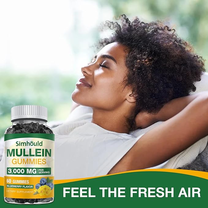 Simhould 1 Pack Sugar Free 3000MG Mullein Gummies - Lung Cleanse, Mullein Leaf Extract Supplement for Respiratory, Organic Mullein Drops with Quercetin & Bromelain for Lung, Digestive Health & Immune