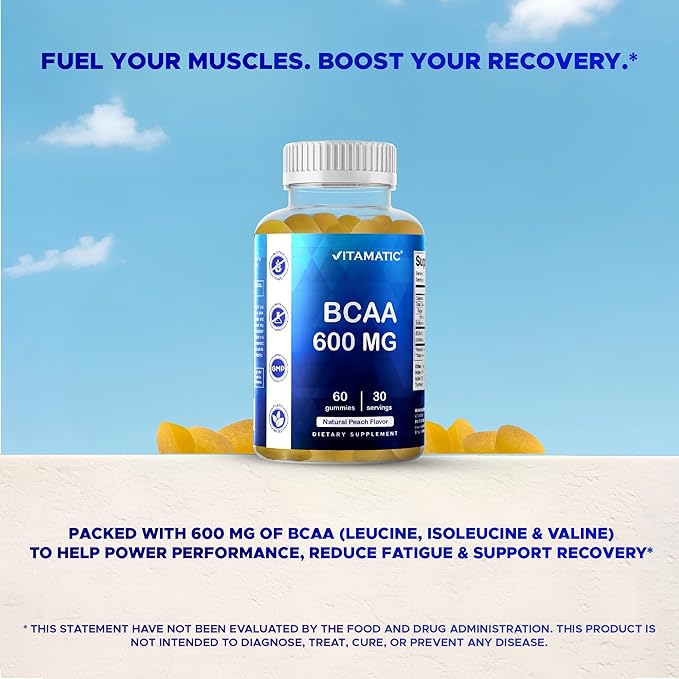 Vitamatic BCAA Gummies - Branch Chain Amino Acid Supplements - Peach Flavor - 600mg per Serving - 60 Vegan Pectin Based Gummies (3 Bottles)