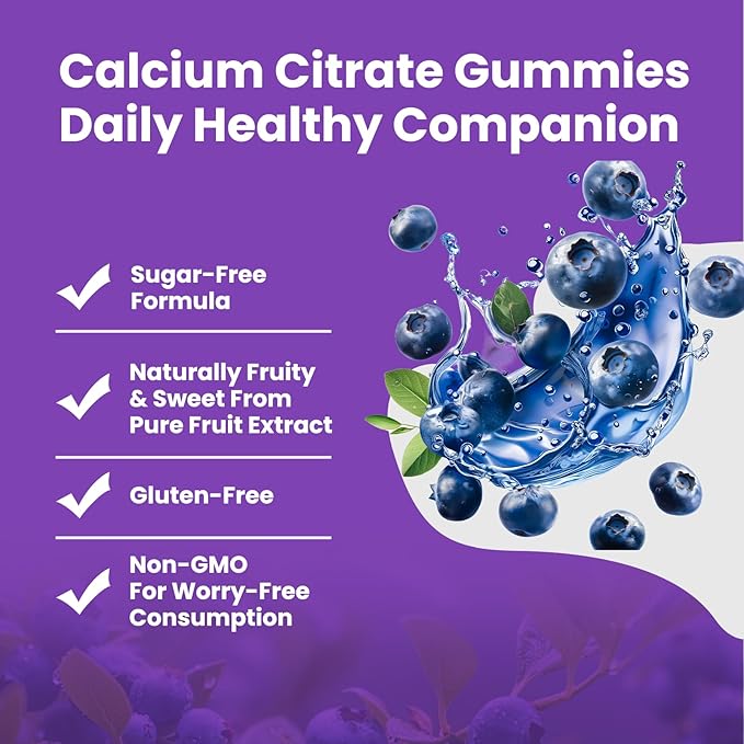 Calcium Citrate Gummies, 1200mg Chewable Calcium Supplement with Vitamin D3, K2, Magnesium & Zinc, Supports Energy and Immunity, High Absorption, Sugar-Free, Blueberry Flavor, 60 Count