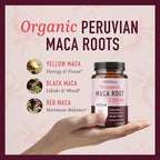 Organic Maca Root Capsules for Women | Peruvian Maca 2250MG Extra Strength | Red, Black & Yellow Root Powder with Black Pepper | Herbal Supplement to Support Energy & Hormone Balance | 120 Ct