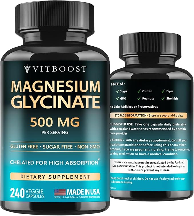 Magnesium Glycinate 500mg Chelate Capsules – 240 Count – 90mg Elemental Magnesium Per Serving – High Absorption Supplement – Non-GMO, Gluten Free – Made in USA