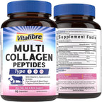 Vitalibre Multi Collagen Peptides, Hydrolyzed, Type I, II, III, Vitamin C, Biotin, Hyaluronic Acid, Turmeric & Black Pepper, Skin, Hair, Nail & Mobility Support, Non-GMO, 90 Caps