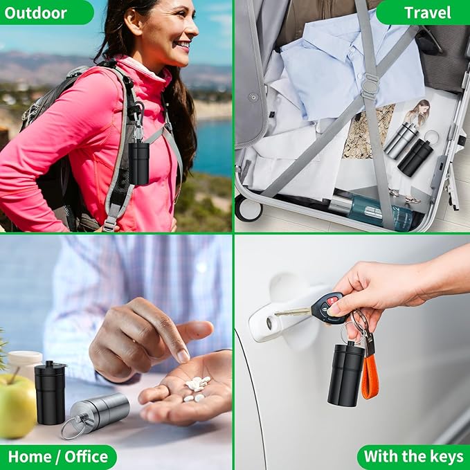 Urekt Portable Pill Case Keychain (2 Pack), Large Waterproof Aluminum Pill Box for Round Glucose Tablets & Critical Medicine, Small Pill Holder Travel Pill Container Bottle with Carabiners