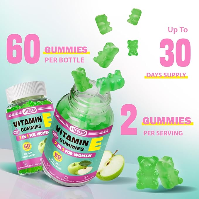 Vitamin E Gummies for Women – 400 IU (268mg) Vitamin E Supplements with Biotin & Hyaluronic Acid for Skin, Hair & Nails – Sugar Free, Vegan, Non-GMO – 60 Count