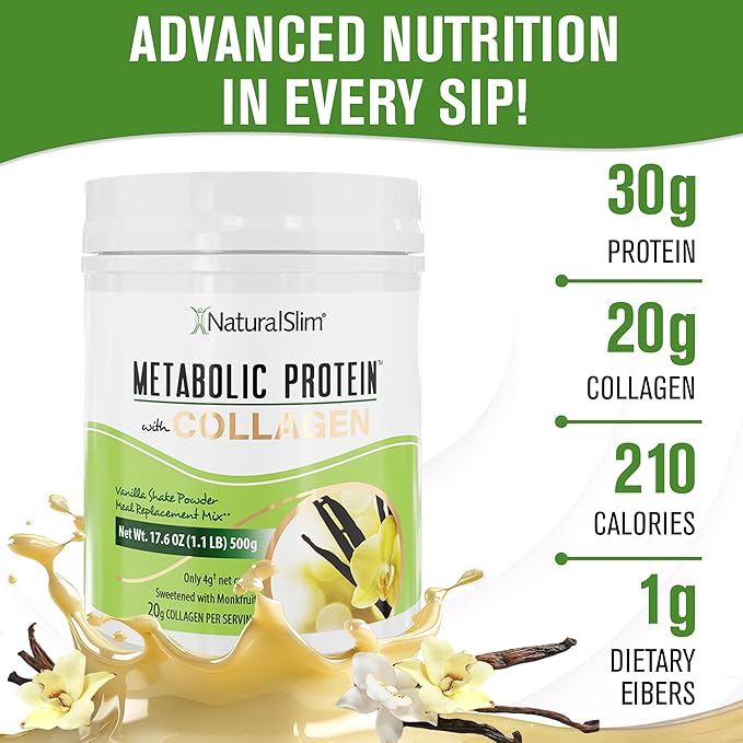 NaturalSlim Metabolic Protein Powder with Collagen, whey protein powder shake, Hydrolyzed Collagen with L-Glutamine for Metabolic Support, Digestion, Skin, Joints & Muscle, Low Carb 17.06 oz Vanilla