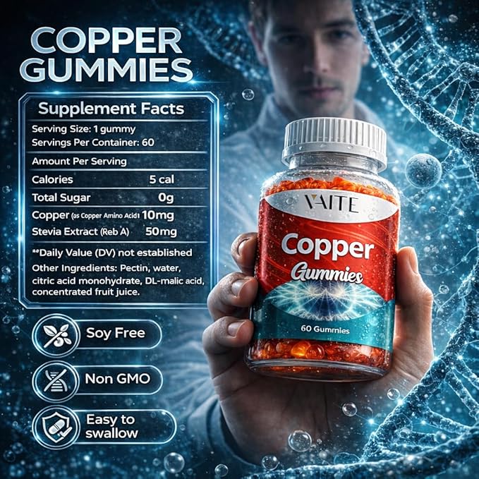 VAITE Copper Supplement Gummies 10 mg Amino Acid Chelate – Trace Mineral that Plays a Role in Collagen Formation, Gentle on Stomach, Supports Daily Nutrition & Balance – Vegan, Non-GMO, 60 Count