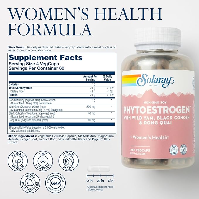 SOLARAY PhytoEstrogen Menopause Supplements with Wild Yam, Black Cohosh and Dong Quai - Phyto Estrogen Pills for Perimenopause and Menopause Support, Vegan, 60-Day Guarantee, 60 Servings, 240 VegCaps