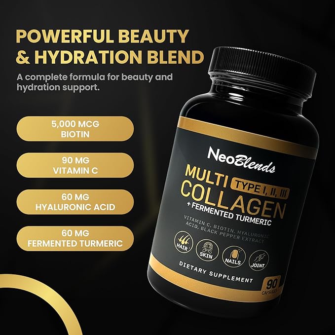 Multi Collagen + Fermented Turmeric – Hydrolyzed Collagen Types I, II & III with Biotin, Hyaluronic Acid & Vitamin C – Skin, Hair, Nail & Joint Support – 90 Capsules