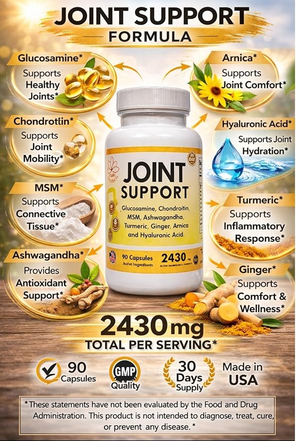 Joint Support - Glucosamine Chondroitin MSM Hyaluronic Acid Ashwagandha Turmeric Ginger Arnica - 2430mg Joint Support Supplement, Micronized, 90 Capsules.