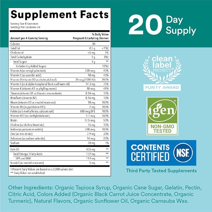SmartyPants Prenatal Vitamins for Women, Multivitamin Gummies: Omega 3 Fish Oil (EPA/DHA), Biotin, Methylfolate, Vitamin D3, C, Vitamin B12,B6 A,K &Zinc, Inositol,(20 Day Supply),80 Count (Pack of 2)