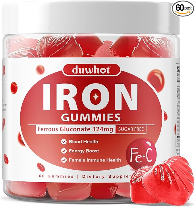 Iron Gummies for Women Teen Girls, Ferrous Gluconate 324 mg with Vitamin C, Iron Supplement Plus Vitamin A, B, Folate, Copper, Zinc, Energy & Blood Support, Immune Health, Sugar Free 60 Gummies
