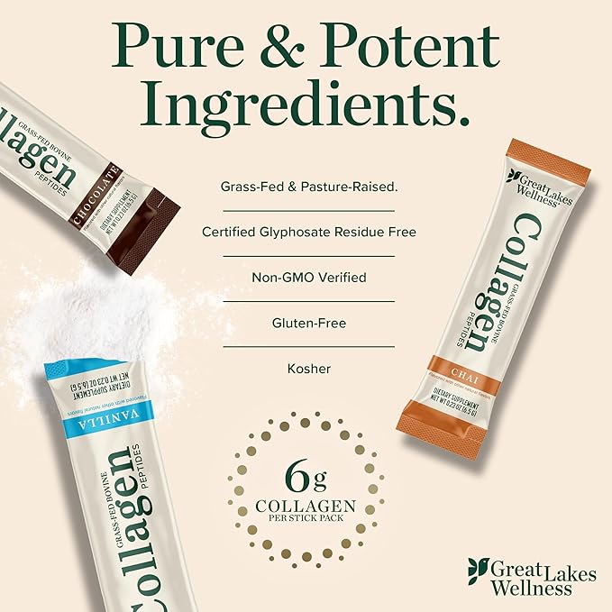 Great Lakes Wellness Collagen Peptides Powder for Skin, Hair, Nails, Joints & Digestion - Variety Flavors - Quick Dissolve Hydrolyzed, Non-GMO, Kosher - 12 Sticks