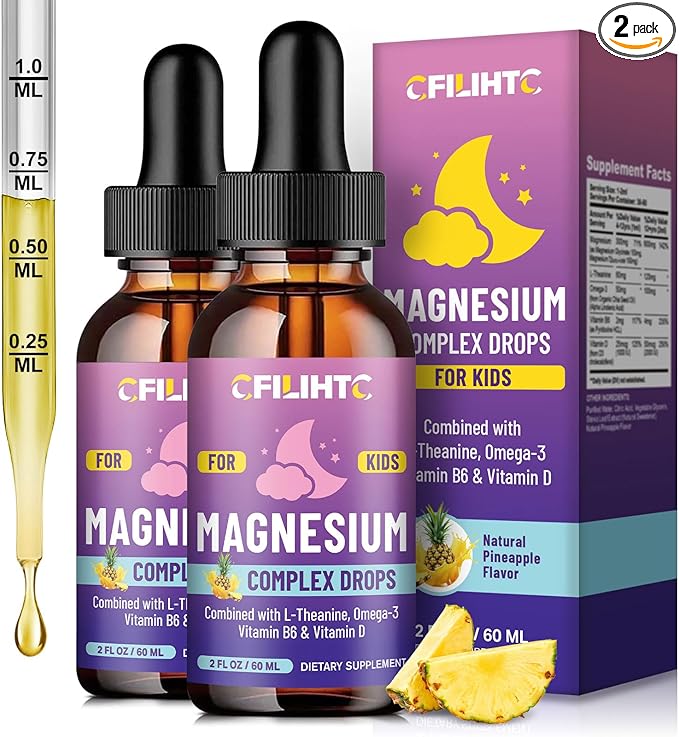 Kids Magnesium Liquid Drops-Magnesium Glycinate Liquid for Kids Supplement-w/L-theanine, Omega-3, Vitamin B6, D3 - for Sleep, Relaxation, Brain, Bones - Pineapple Flavor, 4 Fl Oz