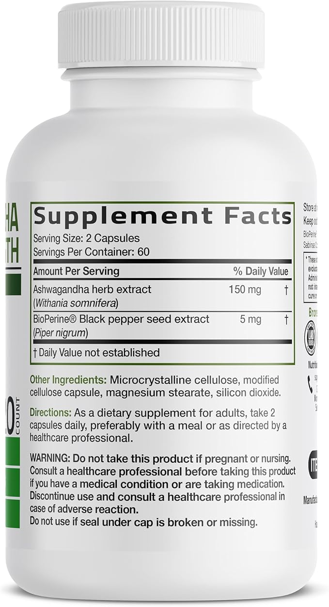 Bronson Ashwagandha Extra Strength Stress & Mood Support with BioPerine - Non GMO Formula, 120 Vegetarian Capsules