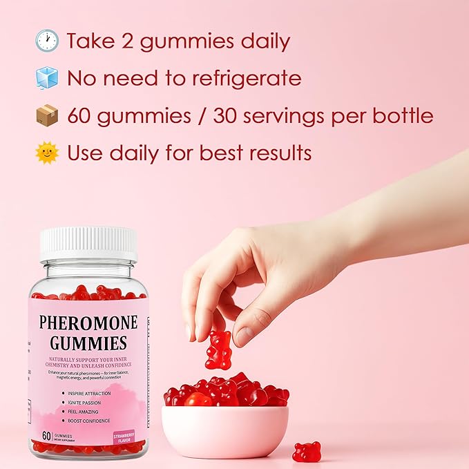 Pheromone Gummies for Women – Supports Inner Balance, Confidence & Social Vibe – Vegan, Non-GMO, Gluten-Free, Strawberry Flavor, 60 Gummies (1)