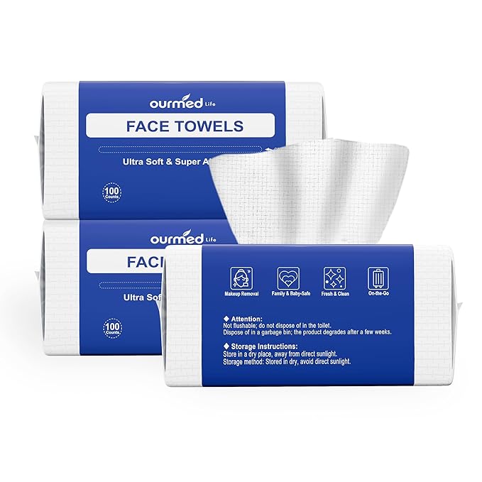 Ourmed Life Face Towels, Disposable Biodegradable Clean Facial Towels for Sensitive Skin, Lint- free Face Cloths for Makeup Remover, Skincare and Women Cleaning, Dry Wipes,300 Count EF Texture