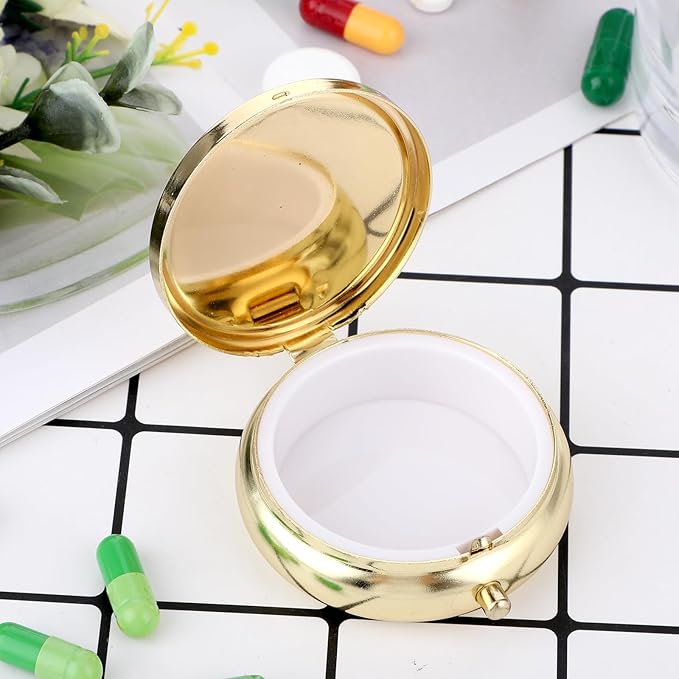 WLLHYF Pill Box Cute Small Pill Box for Purse & Pocket Medicine Organizer Travel Pillbox Waterproof Pill Case Metal Pill Container Holder for Vitamins, Fish Oil, Supplements(Gold)