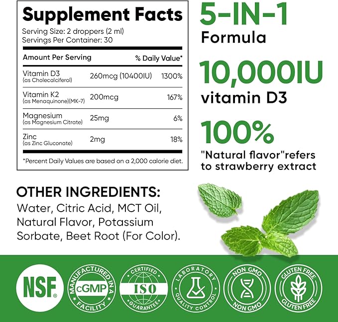 Venture Pal 5-in-1 Vitamin D3 10000 IU & K2 as MK-7 200mcg with Magnesium, MCT Oil, Zinc, Sugar-Free Vitamin D Liquid |Maximum Absorption for Bone, Mood & Immune Health - 2 FL OZ, 64 Days