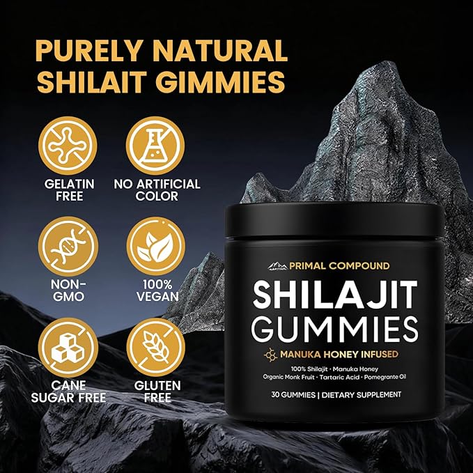 Primal Compound Shilajit Gummies for Men,with Manuka Honey, Organic Monk Fruit & Fulvic Acid, Shilajit Gummies Energy Supplements, 30 Gummies