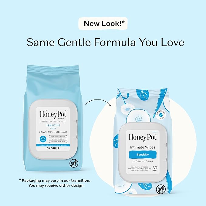 The Honey Pot Company - Feminine Wipes - Daily PH Balancing, Fragrance & Sulfate Free Wipes for Intimate Parts, Body, or Face - Hygiene Products - Sensitive 30 ct (Pack 3)
