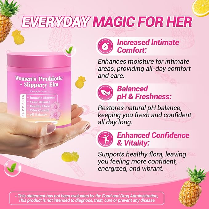 Her Juicy Feminine Probiotics Gummies, Premium Feminine Balance Gummies with Slippery Elm for Women's pH Balance, Healthy Odor, Flora and Immune Support 30-Day Supply