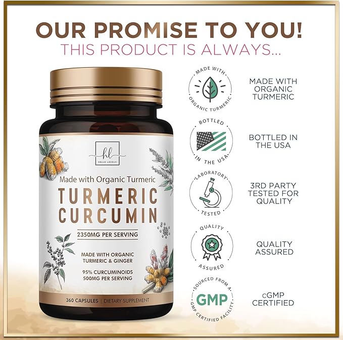 Turmeric Curcumin Supplement with 95% Curcuminoids, Organic Turmeric & Ginger 1750mg, BioPerine Black Pepper for Best Absorption, Nature's Vegan Joint Support, Non-GMO, Bottled in USA - 360 Capsules