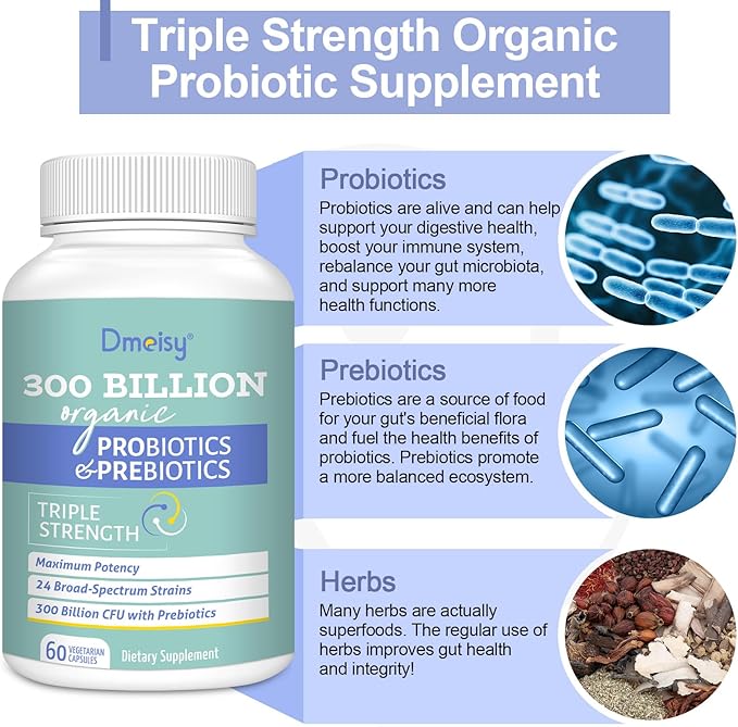 Probiotics for Women and Men, 300 Billion CFU 24 Strains Probiotics + 15 Organic Herbs Prebiotics Blend, Shelf Stable Gut Health Supplement for Digestive Immune & Whole-Body Health, 2 Month Supply