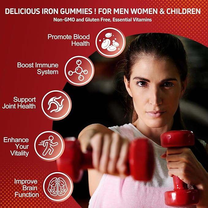Iron Supplement Gummies, 65mg Iron for Women Men Kids, Natural Vegan Iron Gummy with Folate Gentle on Stomach, Gluten Free, Energy Support & Immune Health, 60 Gummies