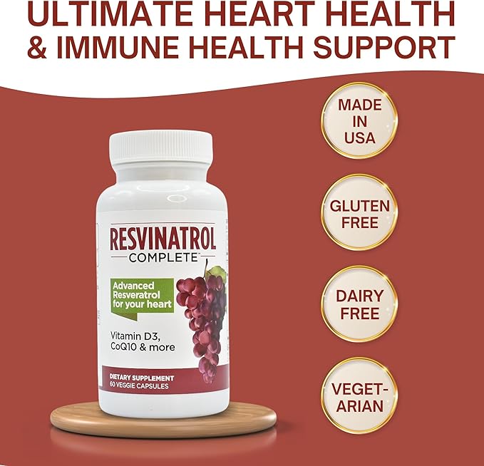 Capsules, 60 Count- Resveratrol Supplement Supports Healthy Aging, Heart Health, and Immune Function with Quercetin, Grape Seed Extract, Vitamin D3 and CoQ10