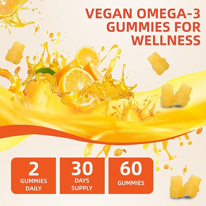 Omega-3 Gummies Vegan 1200mg, EPA and DHA Omega-3 Fatty Acids with Folate, Vitamin A, Vitamins C & E, High Potency Omega 3 Supplements for Immune Support, 60 Count