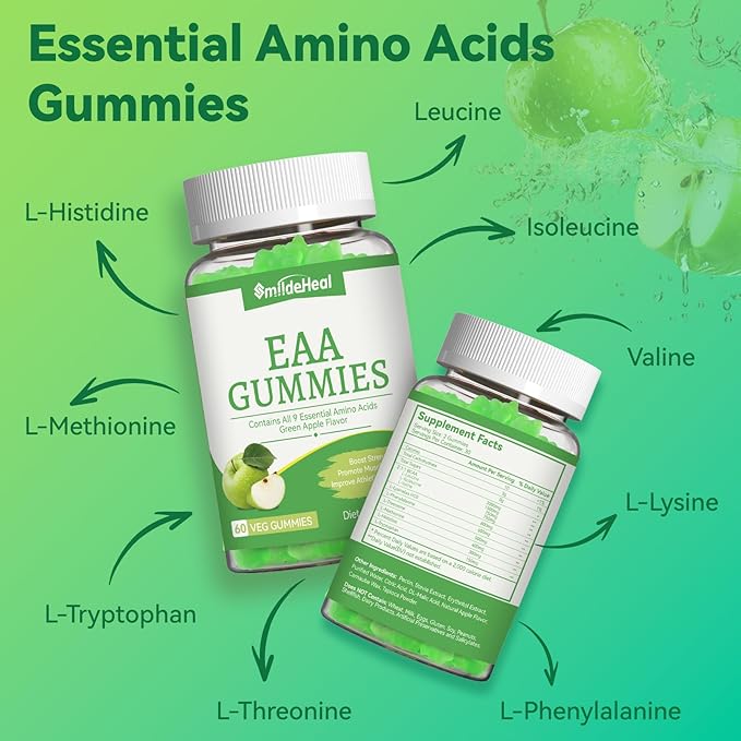 SmideHeal EAA Gummies, 5750 mg Essential Amino Acids - All 9 Essential Aminos (EAA) and All Branched-Chain Aminos (BCAAs), Non-GMO, Gluten Free, Vegetarian Friendly, Apple Flavor, 120 Gummies