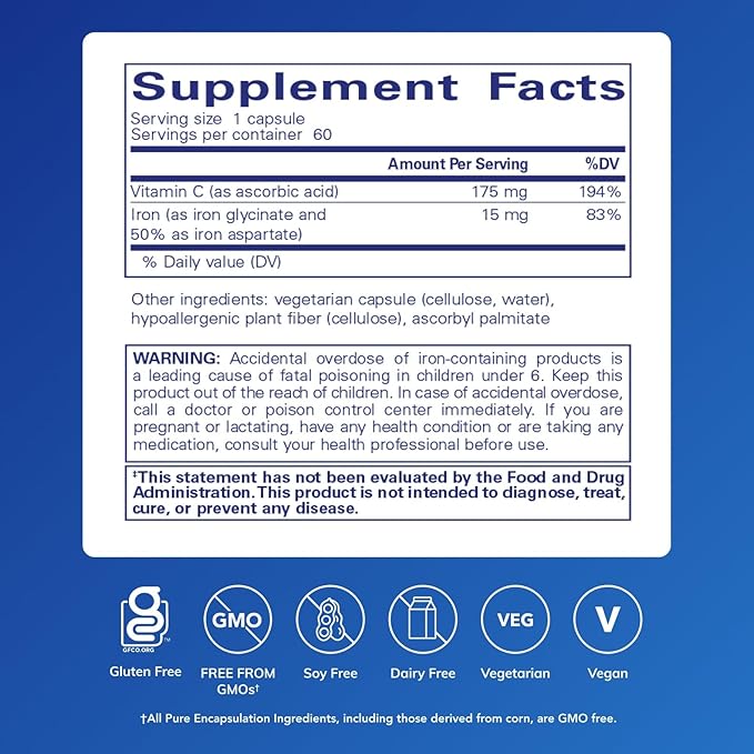 Pure Encapsulations Iron-C - 15 mg - 175 mg Vitamin C - Red Blood Cell Support* - Energy Production - Highly Bioavailable Iron Pill - Gluten Free & Vegan - 60 Capsules