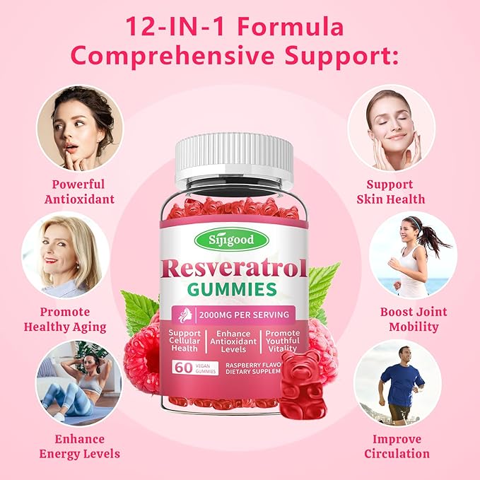 Organic Resveratrol Gummies for Women - Sugar Free Resveratrol-Nutritional-Supplements for Antioxidant Support, Cellular Health, Immunity, Brain & Energy, Raspberry Flavor, 120 Count