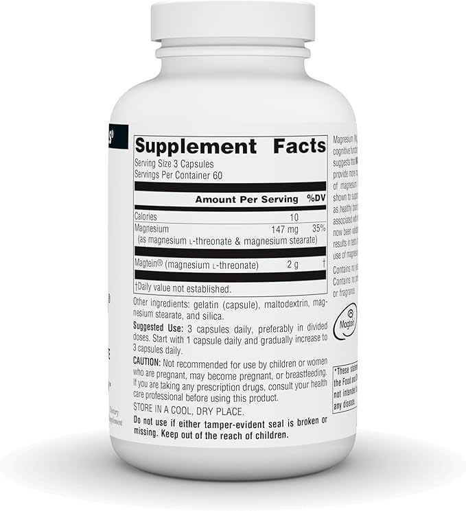 Source Naturals Magtein Magnesium L-Threonate, 667mg, Supports Focus, Mood, Healthy Memory, Cognitive Function - 180 Capsules