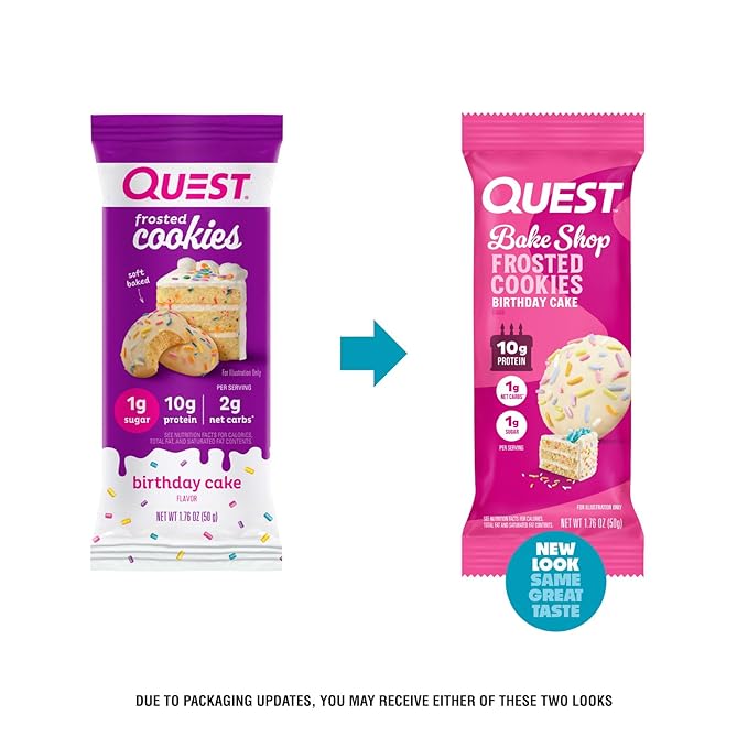 Quest Nutrition Frosted Cookies Twin Pack, Birthday Cake, 1g Sugar, 10g Protein, 1g Net Carbs, Gluten Free, 16 Cookies